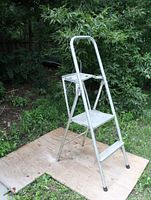 Angled side view showing entire aluminum step up ladder standing on a wooden platform outdoors with green bushes in background.