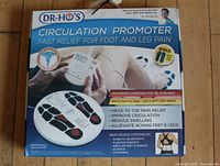 Box of DR-HO'S Circulation Promoter showing branding, benefits, and features including pain relief, circulation improvement, and symptom relief for conditions like diabetic neuropathy and plantar fasciitis.