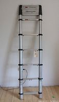 Full extended view of telescopic aluminum ladder showing multiple rungs and extendable sections with black plastic end caps on top.