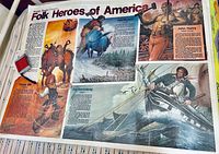 Poster titled 'Folk Heroes of America' depicting illustrated American folk heroes with descriptive historical text.