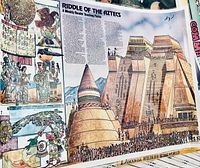 Poster titled 'Riddle of the Aztecs' showing a detailed illustration of Aztec pyramids with descriptive text and cultural imagery.