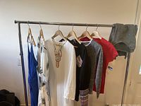 Photo showing six pieces of ladies clothing hanging on a rack, displaying dresses and tops in blue, white, black, grey, and red.