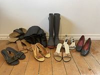 Photo showing six pairs of ladies shoes and boots arranged on floor against wall, including sandals and boots