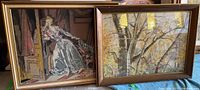 Two framed artworks side by side: needlepoint portrait and watercolor landscape