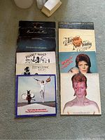Photo of the full set of vinyl records showing front covers. Records by David Bowie, Neil Young, Rolling Stones, Fleetwood Mac, The Doors, and Gary Numan. Covers show visible wear and scratches.