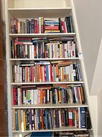 Wide view of multiple shelves filled with books on history and global topics