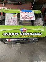 Front view showing All Power logo, 3500W label, propane powered marking.