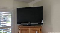 Front view of Sony 42-inch Bravia television on wooden stand.