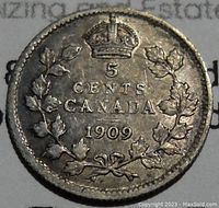 Reverse side of the 1909 Canada silver 5 cents coin showing denomination, date, crown and maple leaf design.