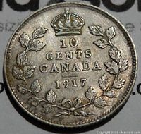 Reverse side with crown above '10 CENTS CANADA' and date '1917' surrounded by a wreath.