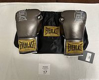 Front view of metallic gunmetal Everlast boxing gloves with storage bag beneath, showing brand logo on gloves and bag.
