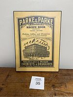 Front of the Parke & Parke Limited recipe book plaque showing vintage advertisement with building illustration and text.