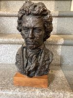Frontal view of Beethoven bust showing facial features and wooden base