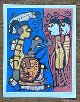Full view of the lithograph showing the colorful Indigenous artwork with human and animal figures on divided blue and red background.