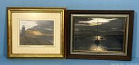 Full view of both framed prints together on a blue background showing their relative sizes and style of frames.