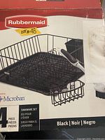 Box image showing Rubbermaid logo and illustration of the 4-piece Sinkware set with black color and Microban protection.