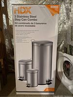 Box of HDX 3 Stainless Steel Step Can Combo showing product image and details.