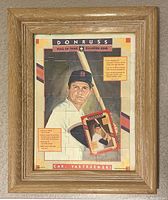 Framed completed puzzle of Carl Yastrzemski from 1990 Donruss Baseball Cards set with visible Donruss branding, puzzle pieces forming the image, natural wooden frame with glass cover.