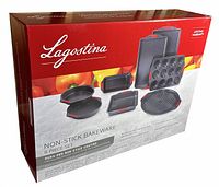Box of Lagostina 8-piece non-stick bakeware set showing front and one side with product image and key features.
