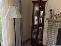 Full view of tall display cabinet next to floor lamp showing size and general condition.