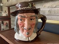 Front view of the Royal Doulton Izaak Walton character jug showing detailed face and hat with decorations.