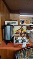 Wide view of West Bend percolator and box with four mugs on countertop.