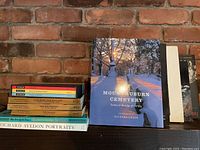 Books stacked on dark wood against brick wall including Mount Auburn Cemetery, In Focus photography box set, regional Smithsonian guides, The New York Times Acrostic Omnibus, and Richard Avedon Portraits.