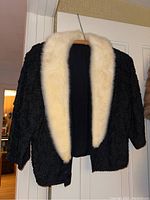 Full view of black jacket hanging on a hanger, clearly showing the white mink fur collar and texture of the exterior fabric.