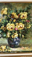Close-up of the painting showing yellow flowers in blue vase with some pink flowers and green leafy background.