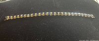 Full length view of the bracelet laid flat on black background showing alternating sapphires and diamonds.
