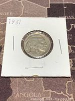 Obverse side of the 1937 Buffalo Nickel showing the Native American profile, mounted in protective white cardboard holder.