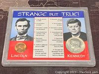 Full view of the 'Strange But True!' display with Lincoln and Kennedy coins and trivia.