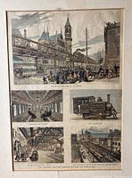 Multi-scene hand-colored print showing different views of the New York Metropolitan Railway with elevated train scenes, passengers, train engine, and city architecture.