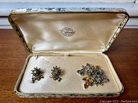 Photo of Continental costume jewelry demi-parure set in original box showing asymmetrical brooch and matching earrings from an overhead angle.