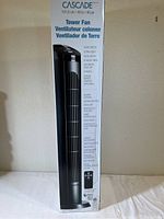 Photo showing the boxed Cascade tower fan with full height (40 in) and feature list.