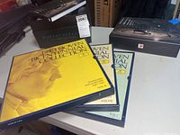 Photo showing 3 vinyl record albums from the Beethoven Bicentennial Collection with yellow and blue covers and classical profile artwork.