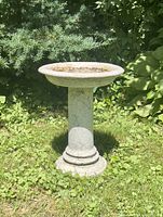 Bird bath shown standing on grass with surrounding greenery, displaying overall structure and condition from a side angle.
