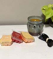 Photo of ceramic plug-in Scentsy wax warmer with three wax bar packs and power cord.