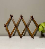 Front view of the wooden peg rack mounted on a surface showing 10 pegs and accordion style structure.