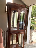 Full front view of dark brown wood and glass curio cabinet showing upper and lower doors