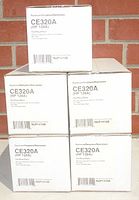Stack of five white boxes showing front labels for HP CE320A (HP 128A) black toner cartridges remanufactured by NuPrint, model NUP1415B.