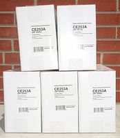 Five boxes of HP magenta toner cartridges model CE253A (HP 504A) stacked in a pyramid formation with two on top and three below, displaying front labels.