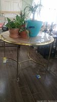 Full view of the round glass top table holding potted plants showing the table design and top surface.