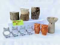 All items in a group showing the full lot: wood candle holders, pottery mug, owl napkin rings, ceramic incense burner, owl salt and pepper shakers.