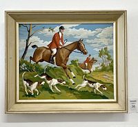 Front view of the framed paint by numbers hunting scene painting showing horse, rider, hounds and landscape with clouds and trees.