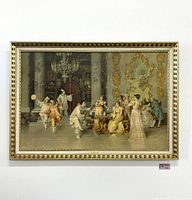 Framed full view of the print showing an elegant social gathering scene in a richly decorated interior.