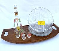 Full lot with Baribocraft maple tray, decanter, four glasses, and three textured glass plates
