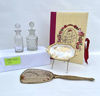 Full lot including 2 perfume bottles, vintage photograph book, decorative tray, and handheld mirror