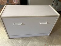Closed white shoe storage cabinet showing front panel with two white handles and clean flat top surface.