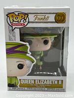 Front view of Funko Pop Royals Queen Elizabeth II figure in box showing packaging and figure details